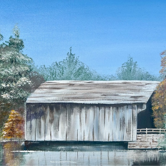 Rustic Framed Landscape Painting of a Covered Bridge by the Water. - Picture 4 of 10